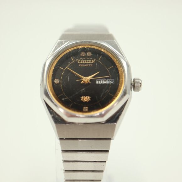 Vintage Citizen Quartz Watch Women Black Dial Day Date Silver Tone w New Battery main image 10